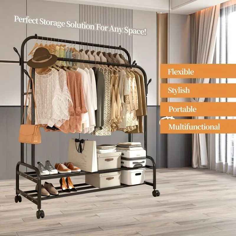 Heavy-Duty Rolling Metal Garment Rack with Dual Bars - Portable Clothes Hanger w/Shelves - Hooks, Multi-Functional Wardrobe Organizer for Bedroom/Laundry,
